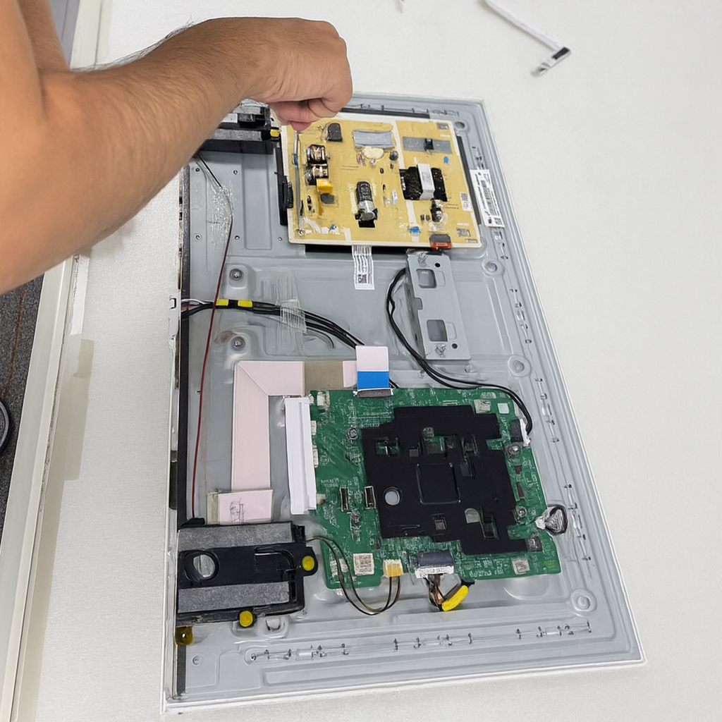 Technician repairing a TV main board at Shams Al Sahil, Sharjah