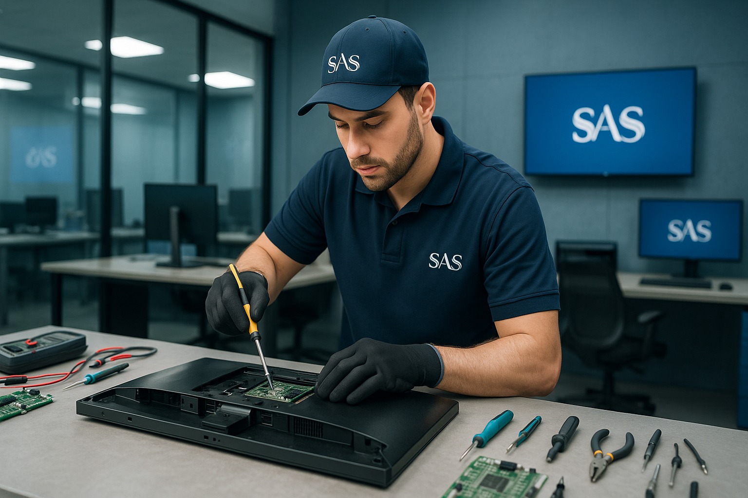 Technician repairing a smart TV