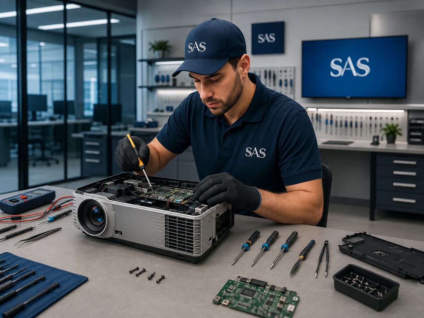 Technician servicing a projector optical block at Shams Al Sahil, Sharjah