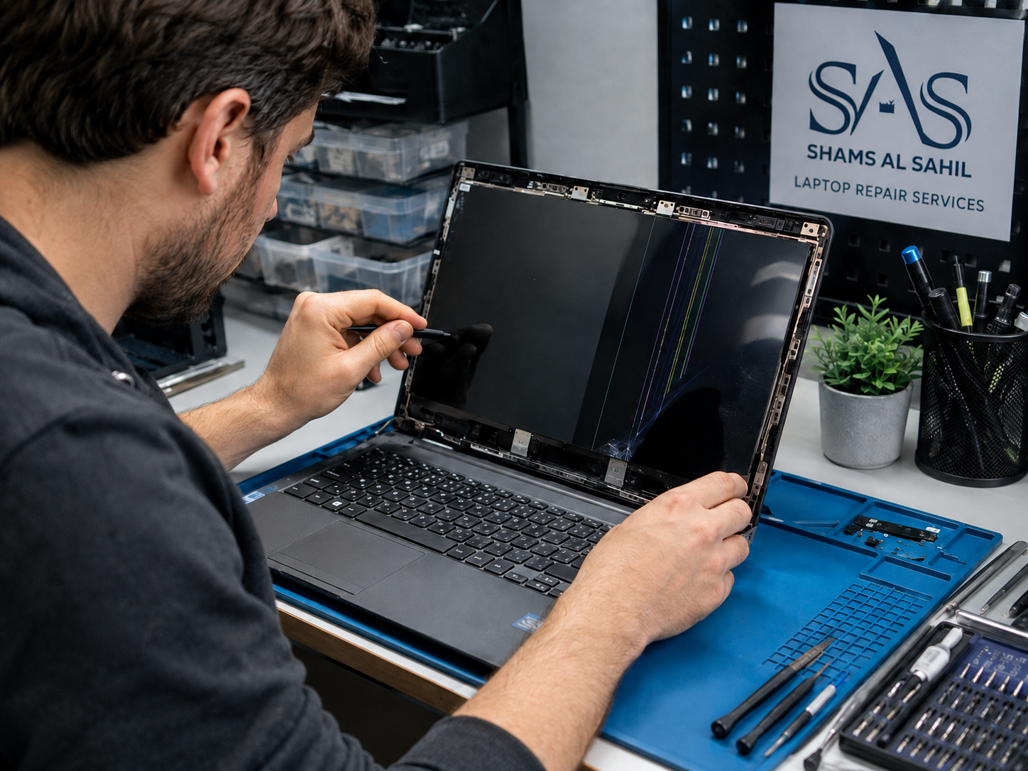 Technician replacing a laptop screen at Shams Al Sahil, Sharjah