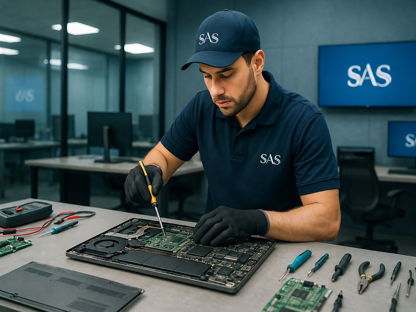 Laptop screen and internal components on the repair bench at Shams Al Sahil