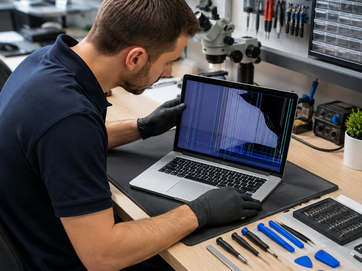 Technician repairing a laptop motherboard