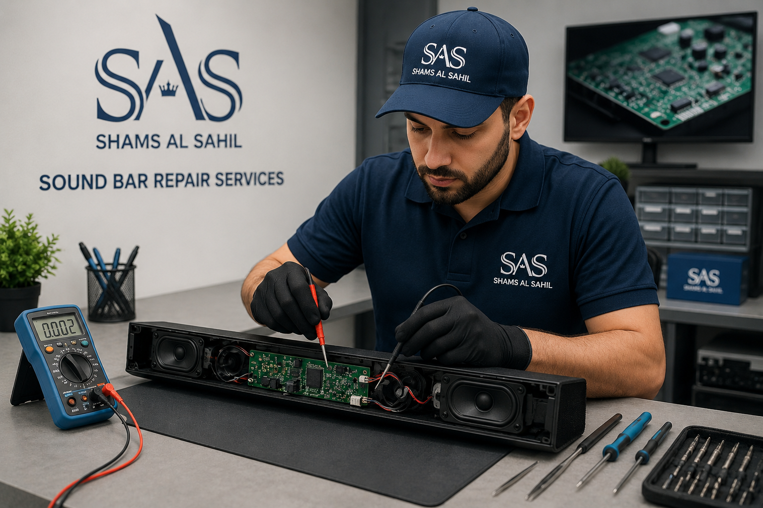 Soundbar and subwoofer components on the repair bench at Shams Al Sahil