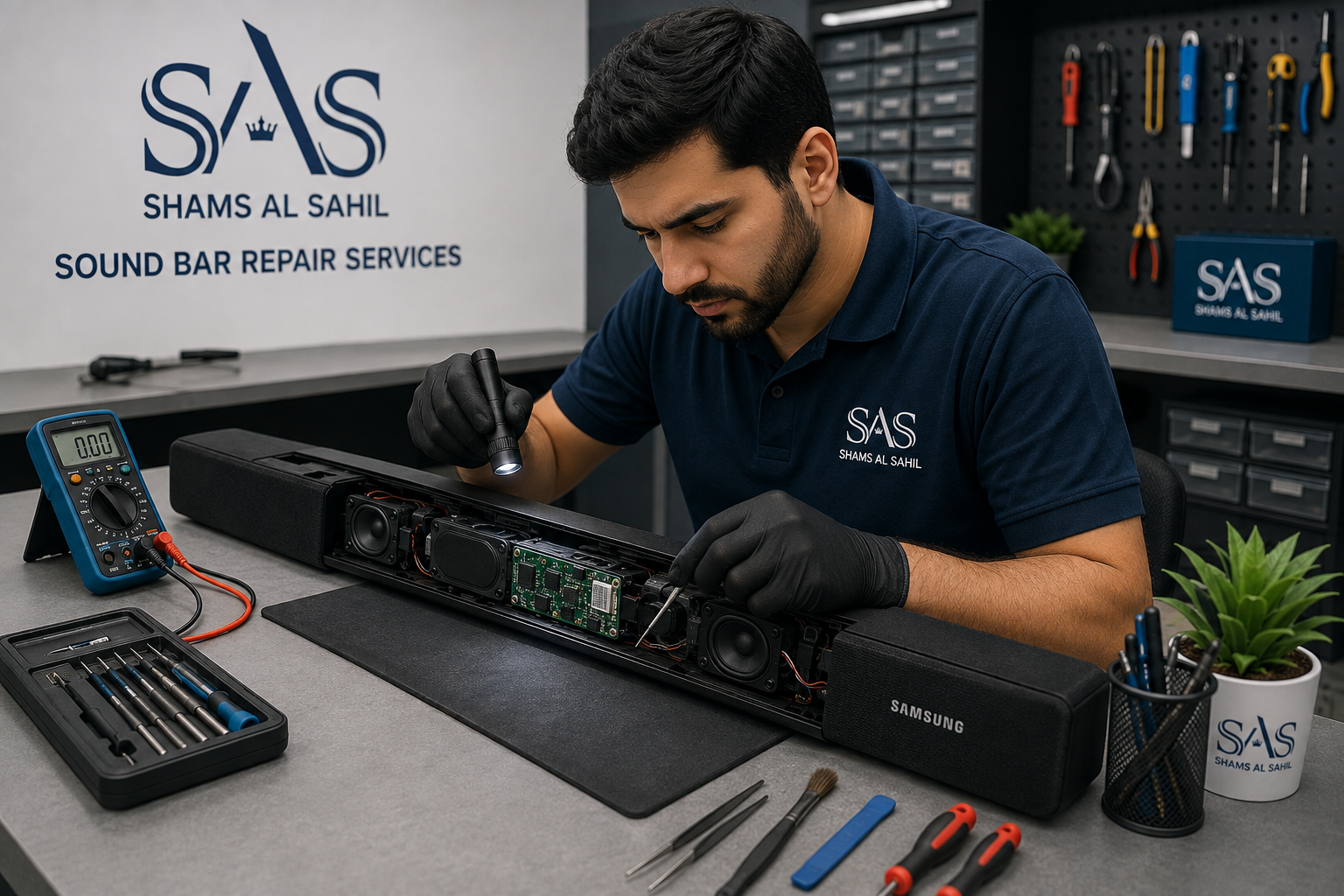 Technician repairing a soundbar