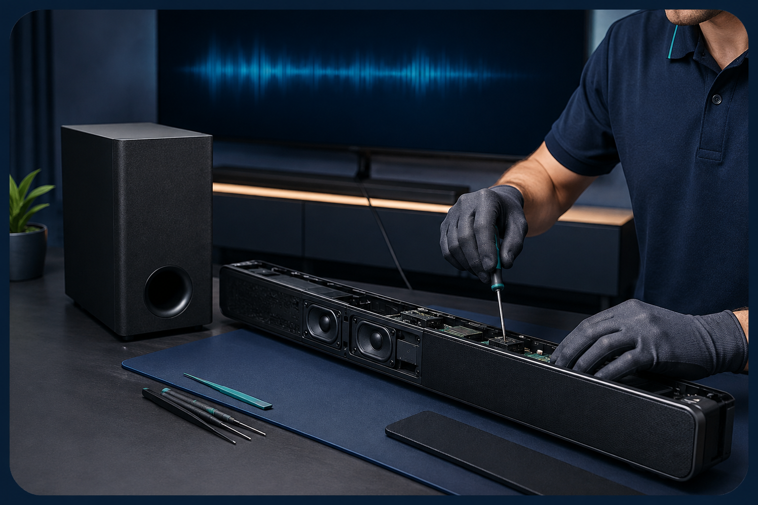 Technician repairing a soundbar and wireless subwoofer at Shams Al Sahil, Sharjah