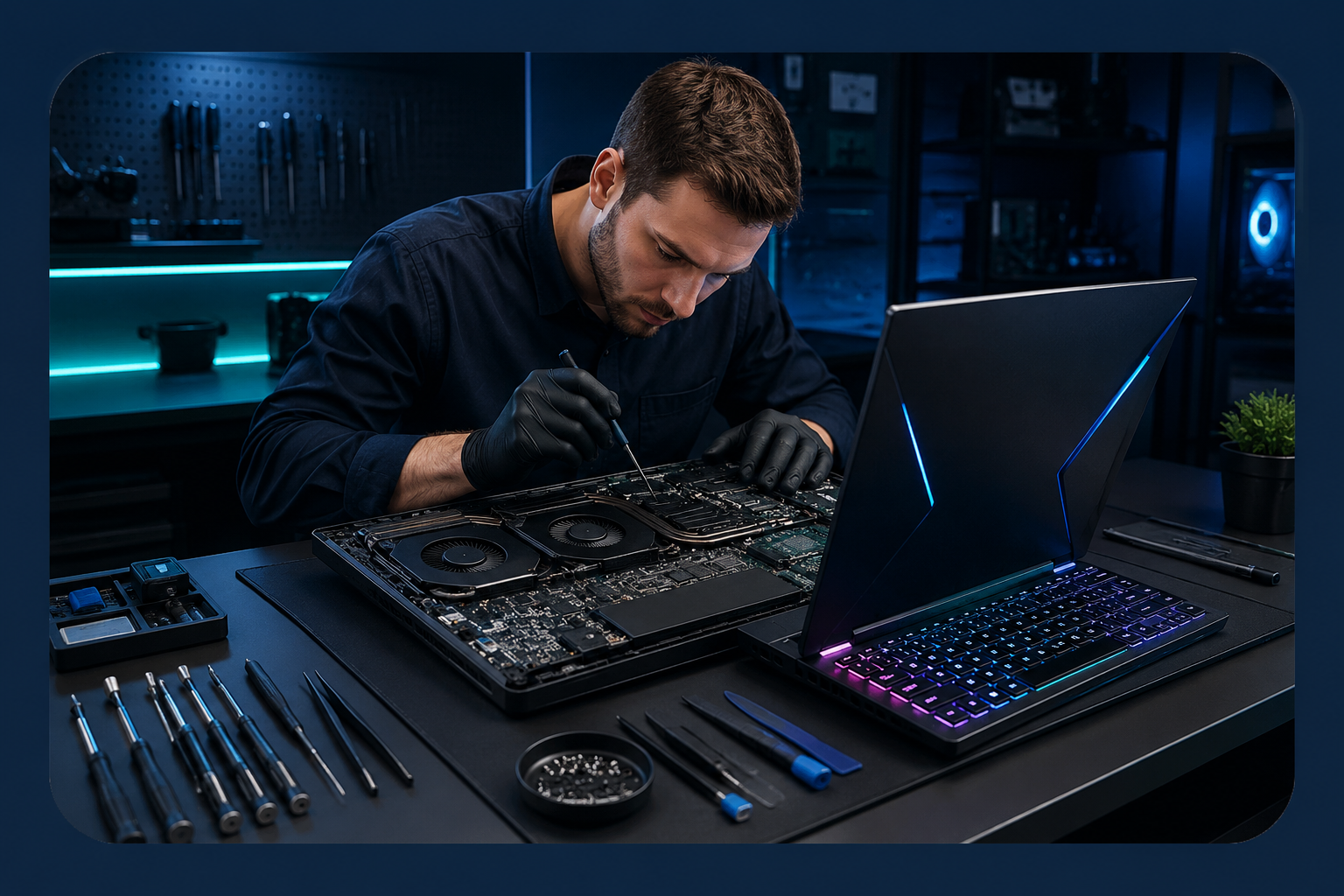 Gaming laptop high-refresh-rate display being tested for repair